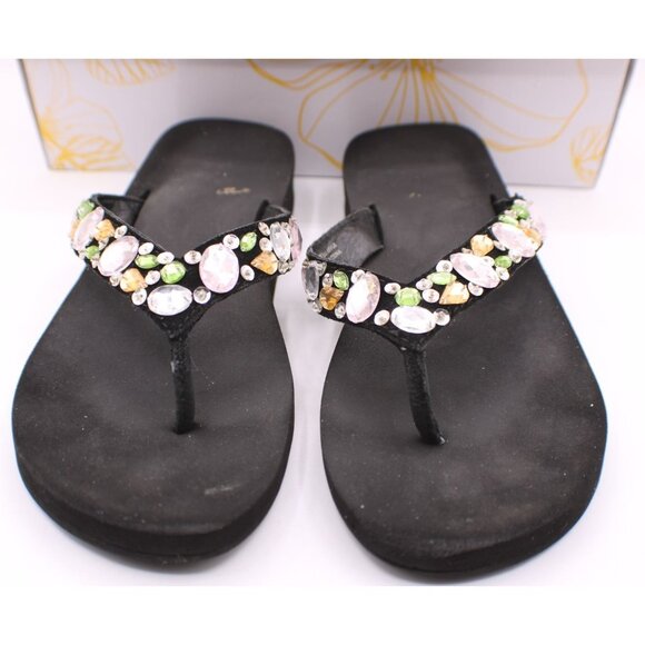 Yellow Box Sandals Doris Size 7 Black w/ Rhinestone Gems Embellished Flip Flops - Picture 2 of 11
